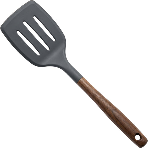 Vryno Walnut-Handle Silicone Wide Slotted Turner 33 cm Charcoal - Product view
